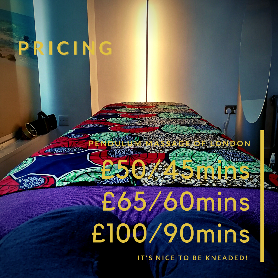 New prices displayed over an image of Pendulum Massage's treatment room.g in a chair.