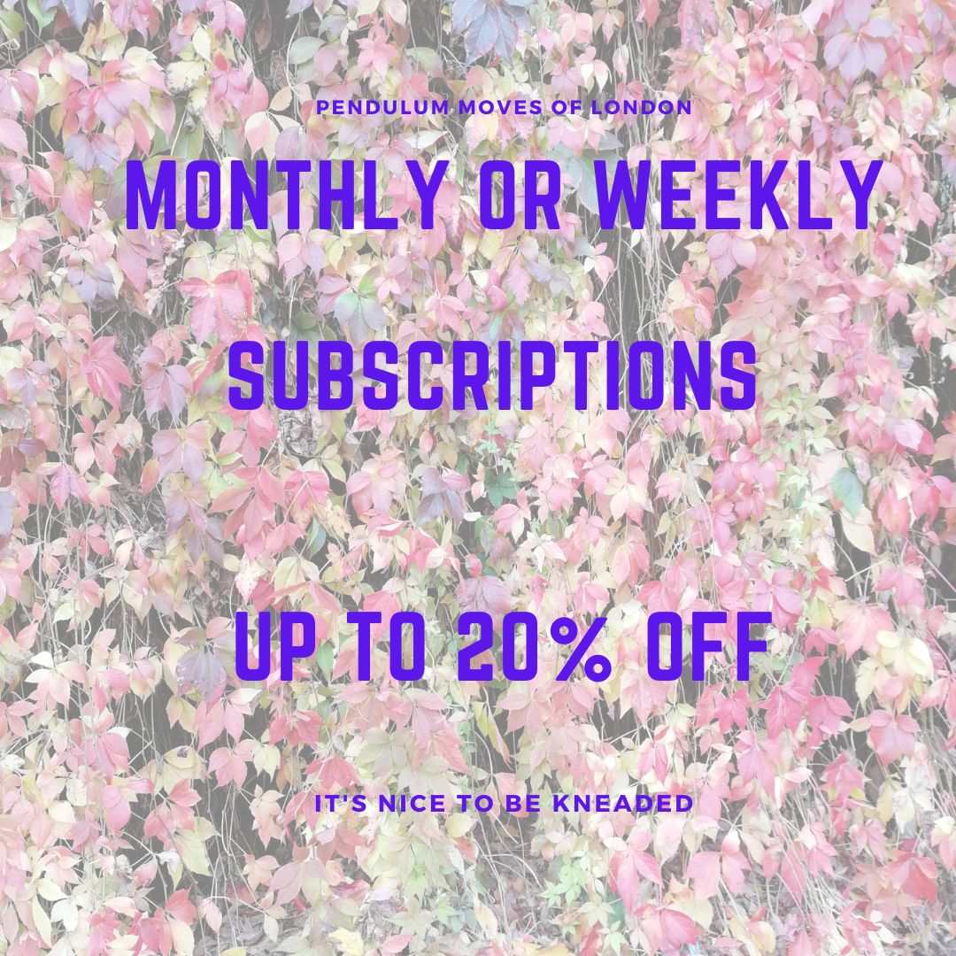 Flyer showing floral background with text reading Monthly and Weekly memberships with up to 20% off at Pendulum Massage of London